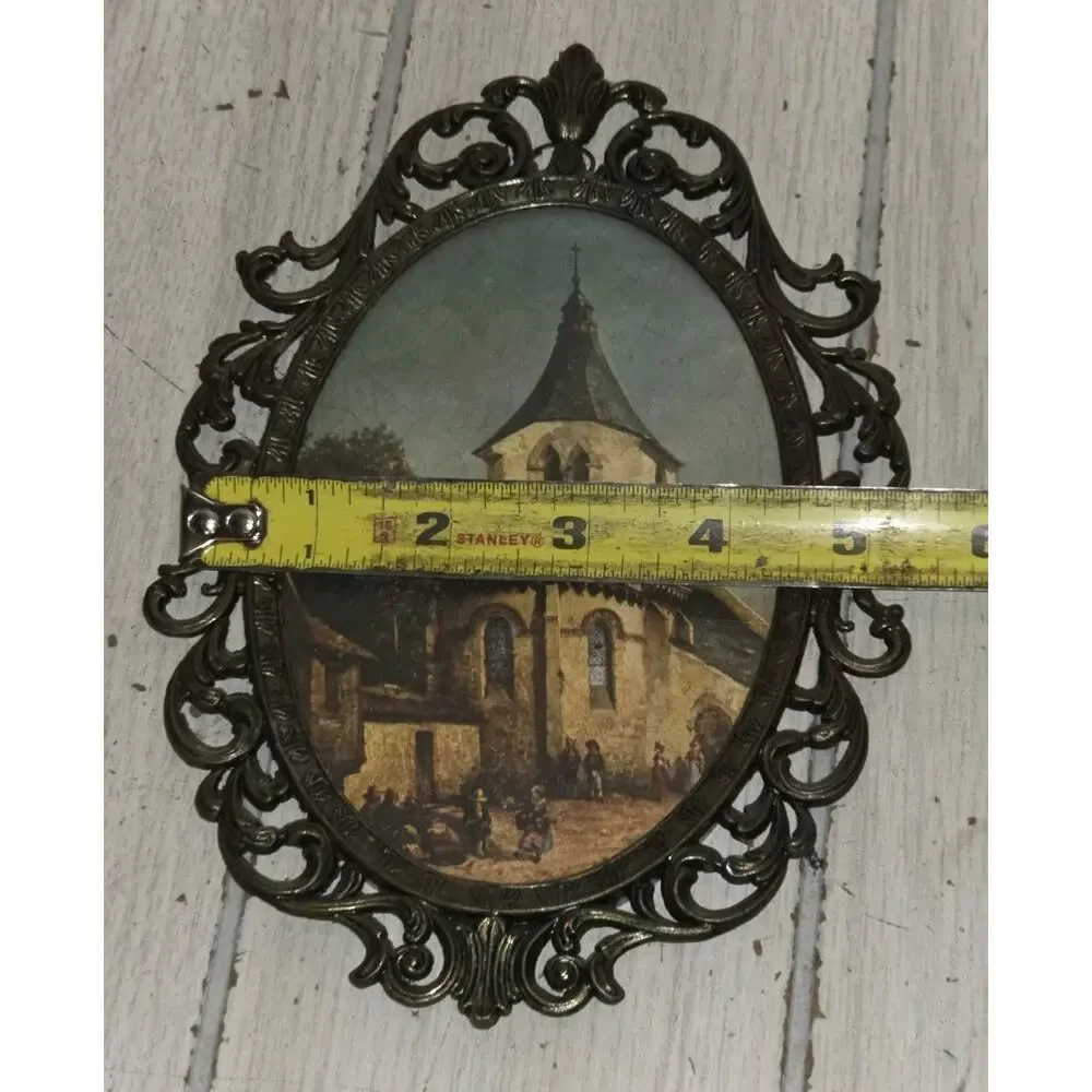 Vintage Italian Oval Ornate Filigree Frame With Gothic European Church Print